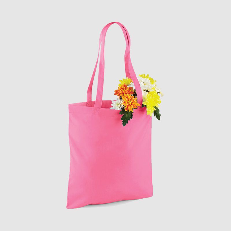 Custom shopper tote in pink with long handles, shoulder carry and inexpensive option, available in a wide range of colours