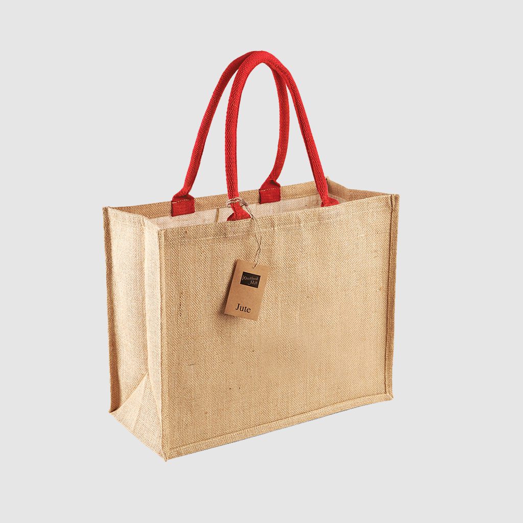 Custom laminated jute shopper, with long handles for hand carry, wide variety of colours
