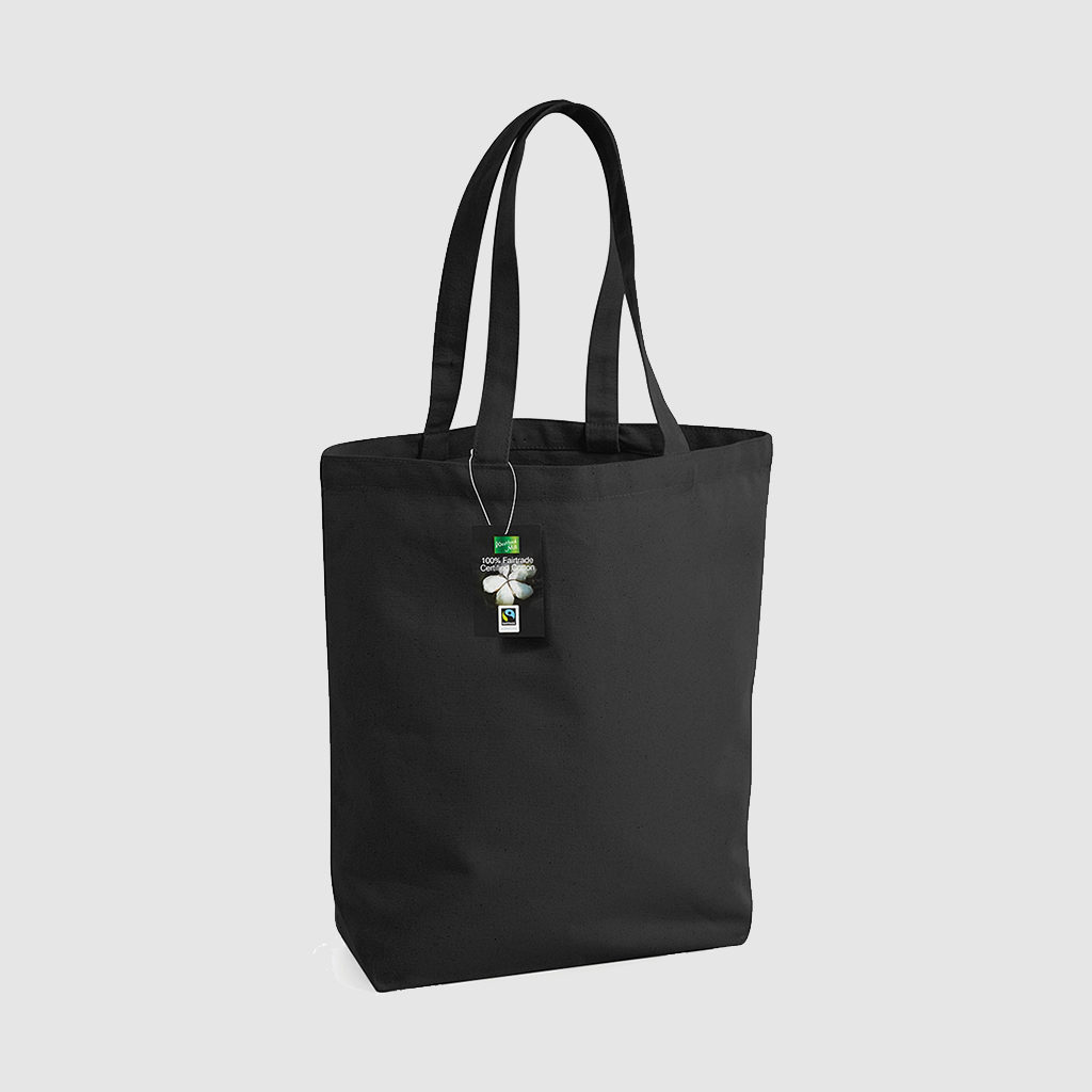 Custom fairtrade tote made from cotton canvas, long black handles and black stitching, eco friendly