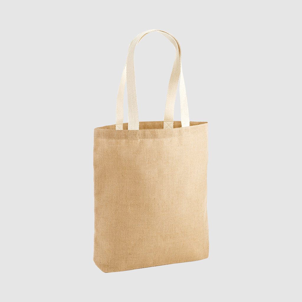Custom midweight jute bag, made from unlaminated jute with long handles in a natural blue