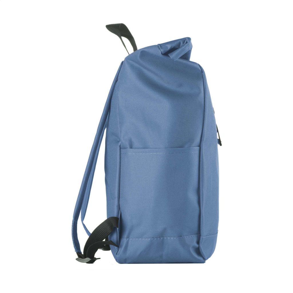 blue rucksack with rucksack straps and black carry handle
