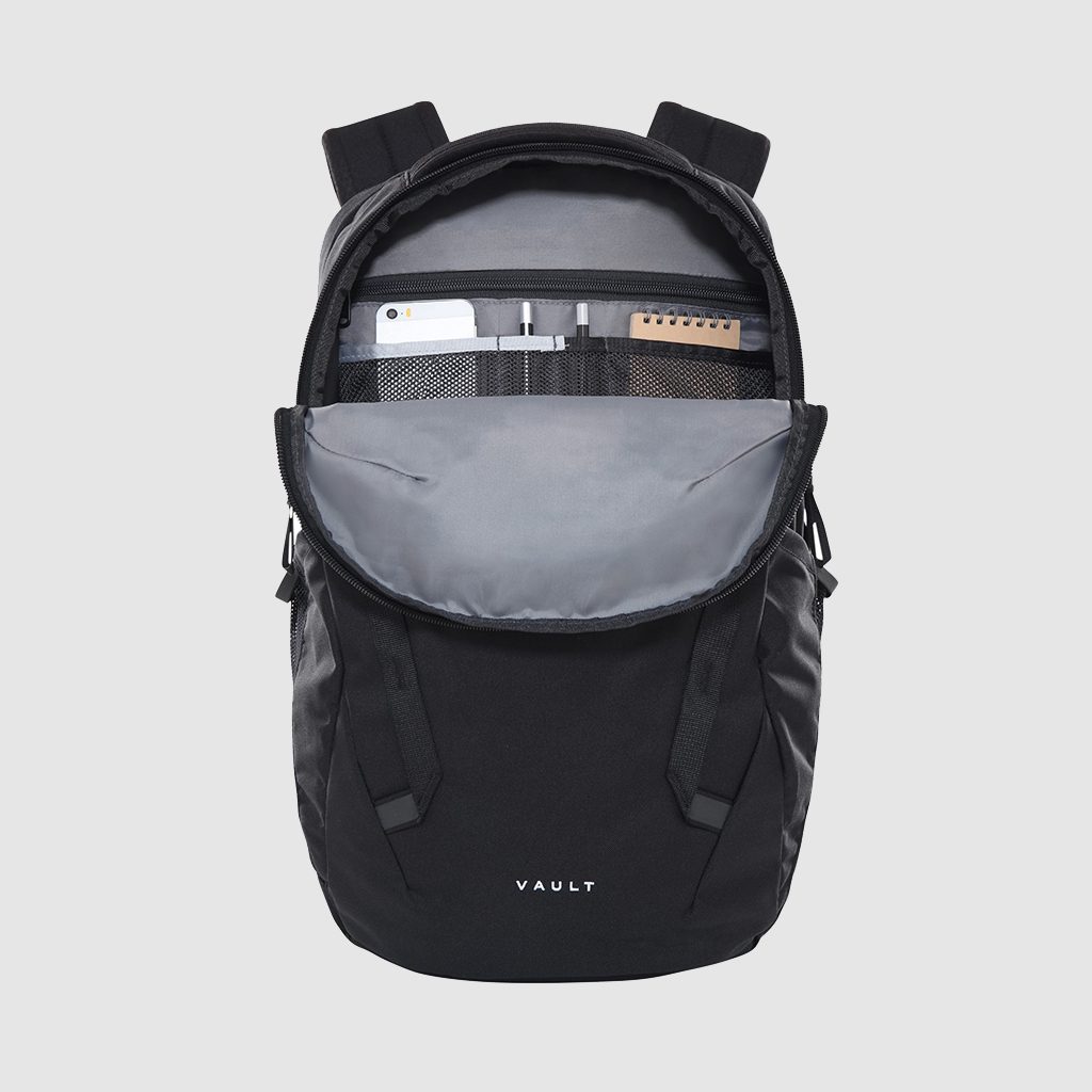Open The North Face Vault 28L Backpack With Phone and Stationary Inside