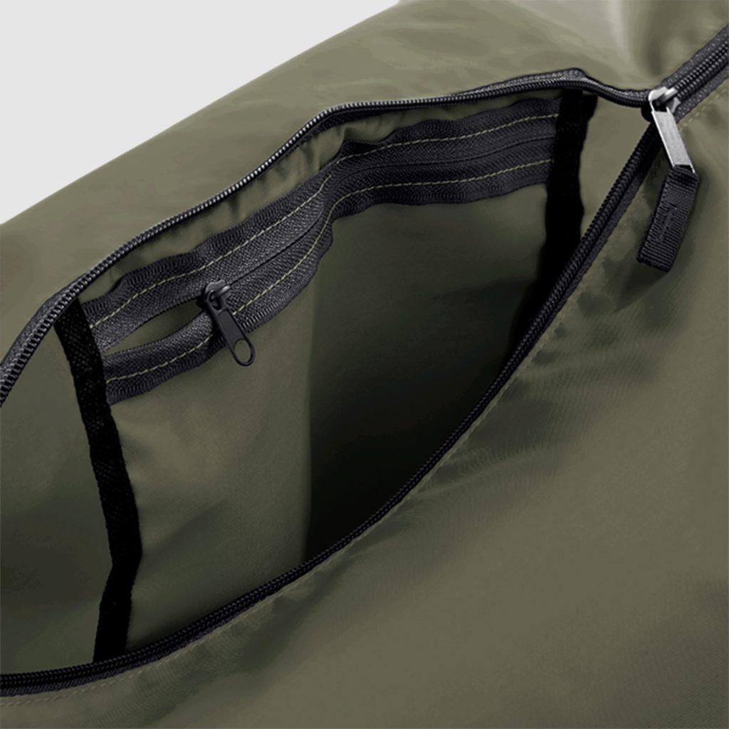 Interior Zip Detail On Olive Green Polyester Packable Barrel Bag - Bag Workshop