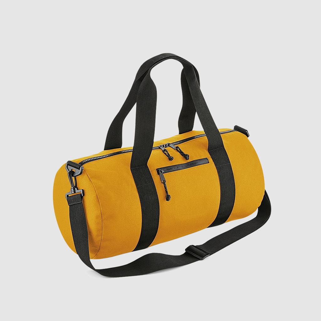 Recycled Barrel Bag in yellow and black, with long handles and rpet material