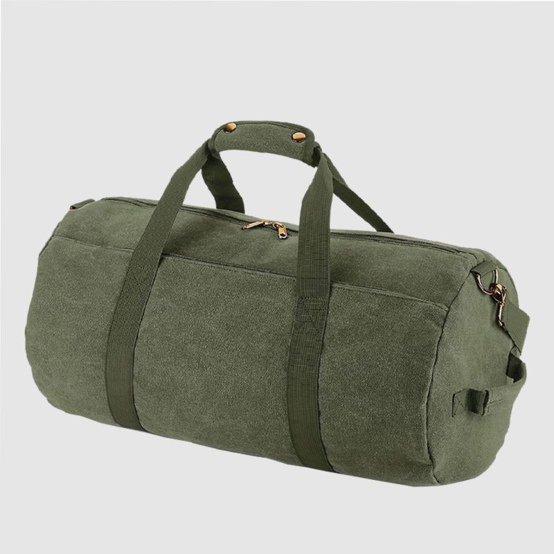 Custom vintage green canvas barrel bag, made from washed canvas