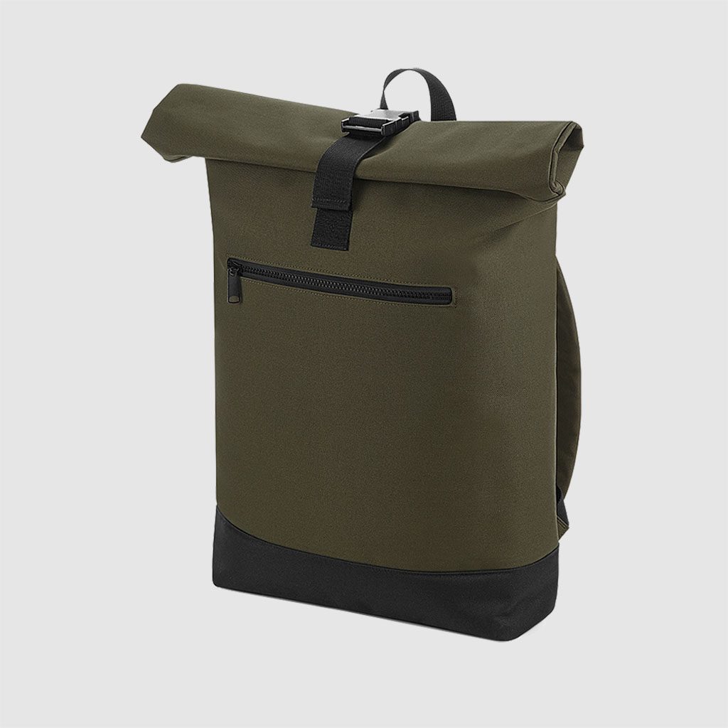 Custom roll top backpack, with padded handle, a shorter handle and an exterior pocket