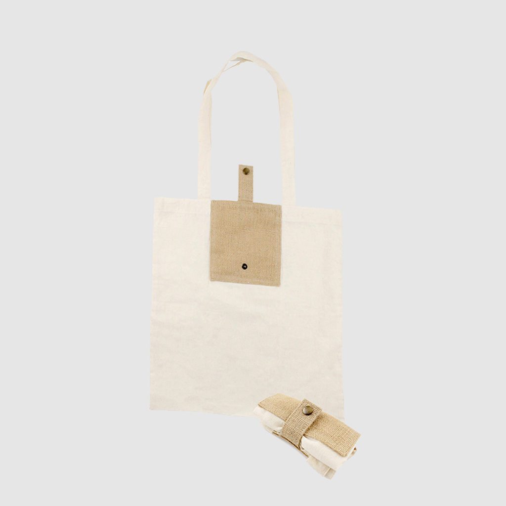 Custom foldable cotton tote with a pocket made from jute