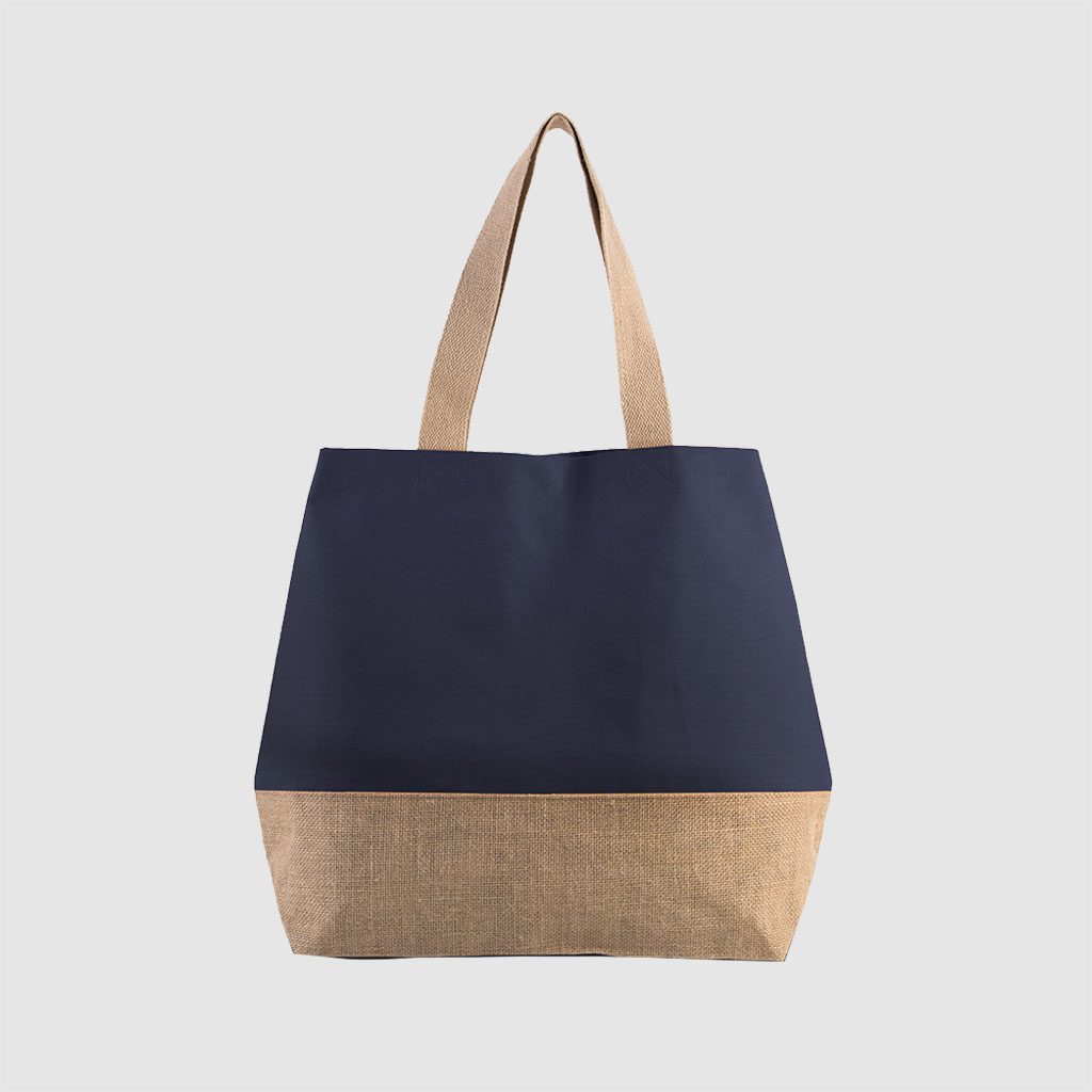Custom contrast beach bag mad in natural, laminated jute base and long cotton webbed handles