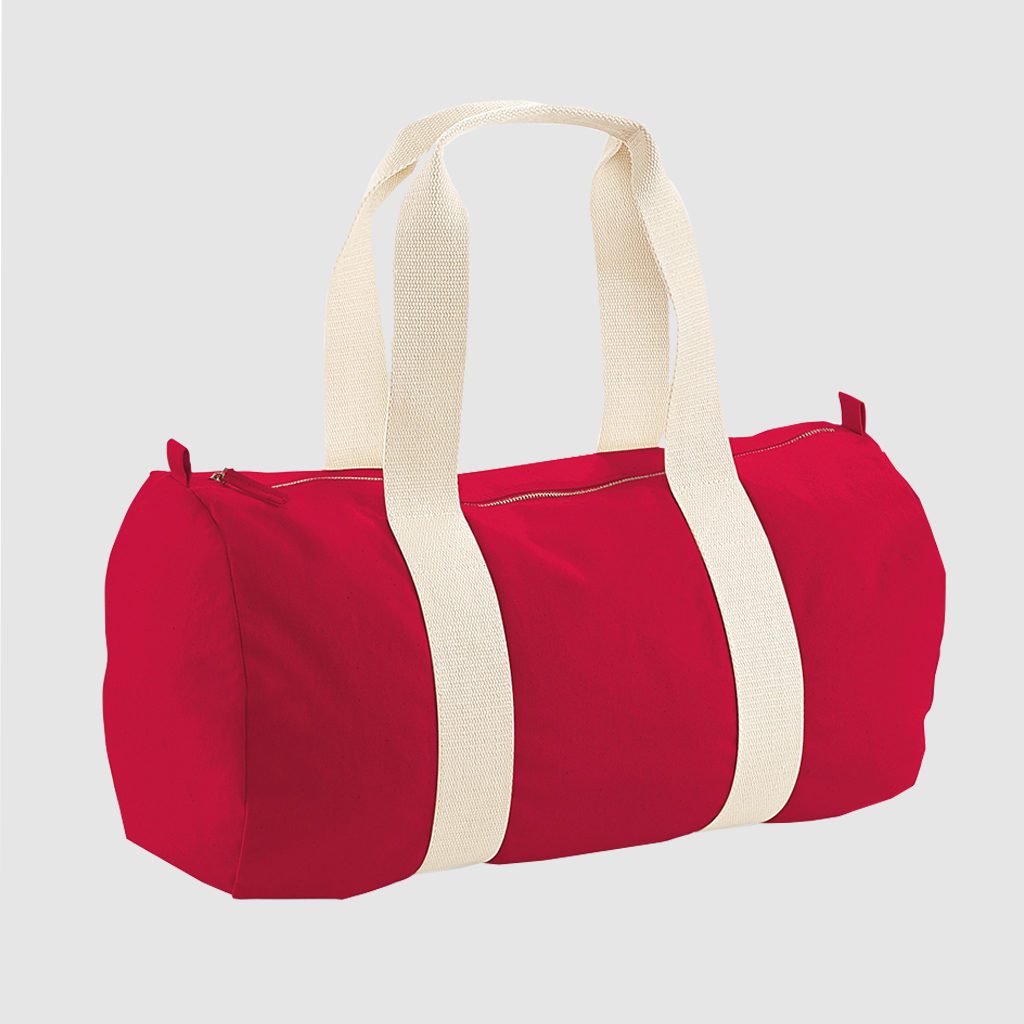 Red barrel duffle bag with organic cotton body and natural webbing straps