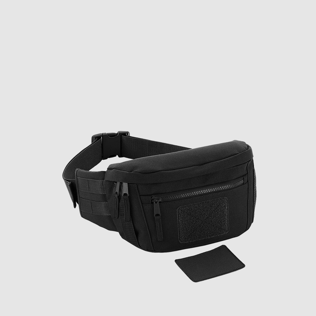 Custom khaki utility waist pack with an adjustable belt