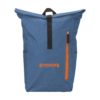 blue rucksack rectangular shape with orange zip and black closure details
