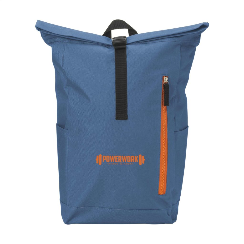 blue rucksack rectangular shape with orange zip and black closure details