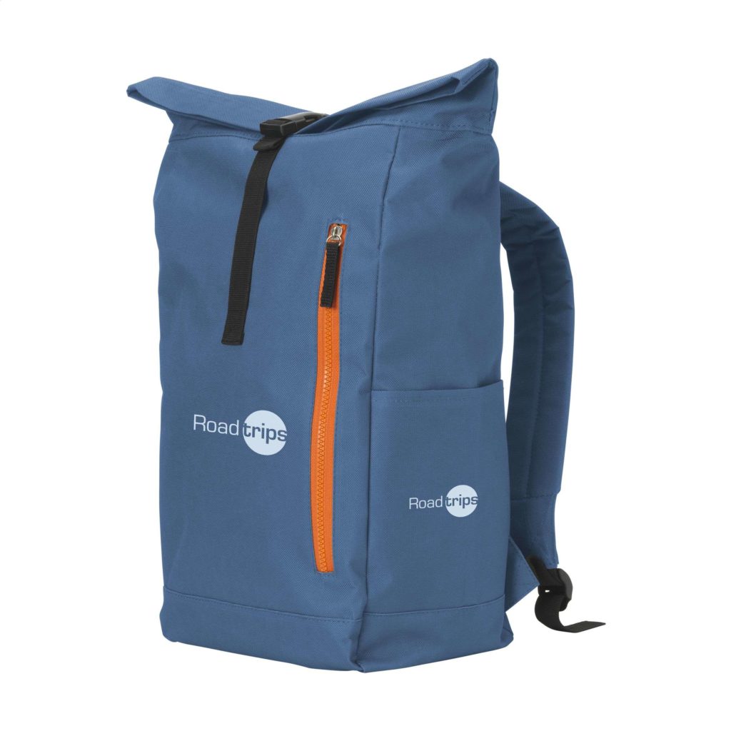 blue rucksack with roll top and orange zip
