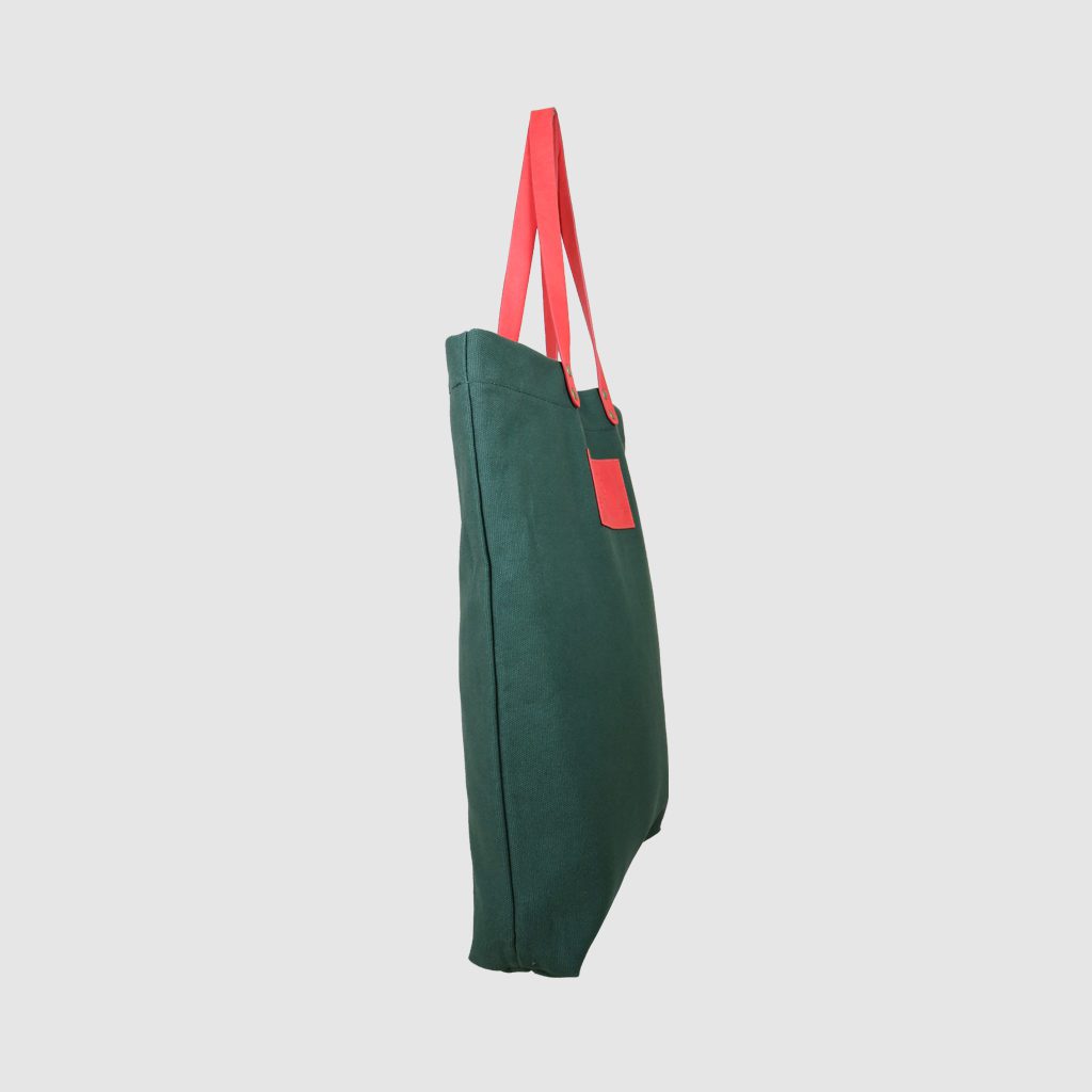 custom premium tote bag side view in green with pink handles
