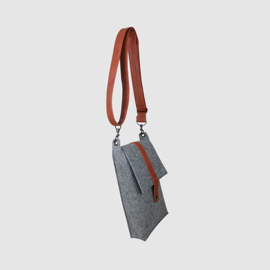 custom product packaging grey felt bag with PU leather strap