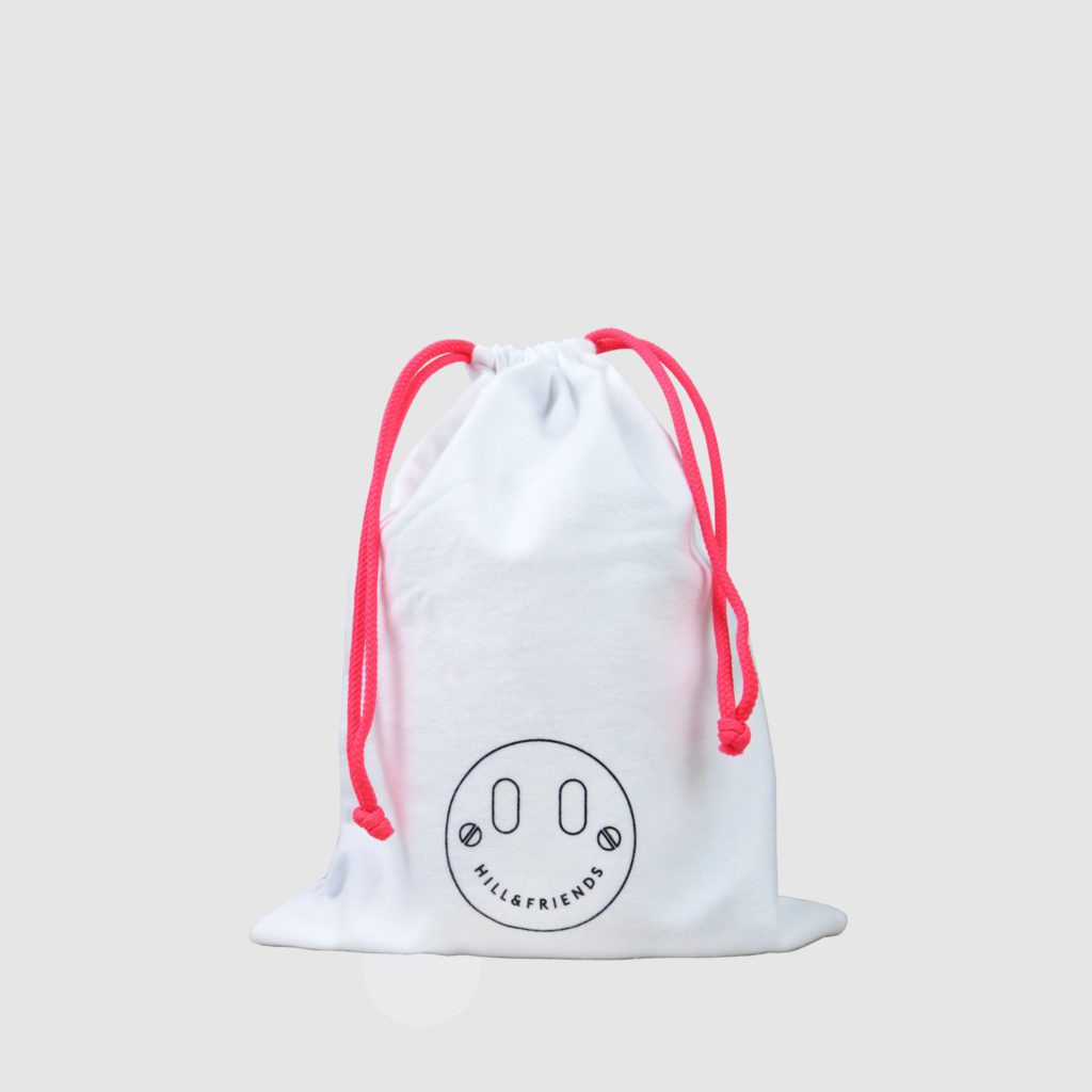 dust bag for luxury product in white with neon pink draw cord