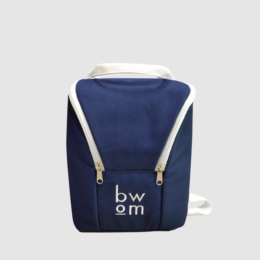custom cool bag in navy with white embroidery and adjustable back pack straps