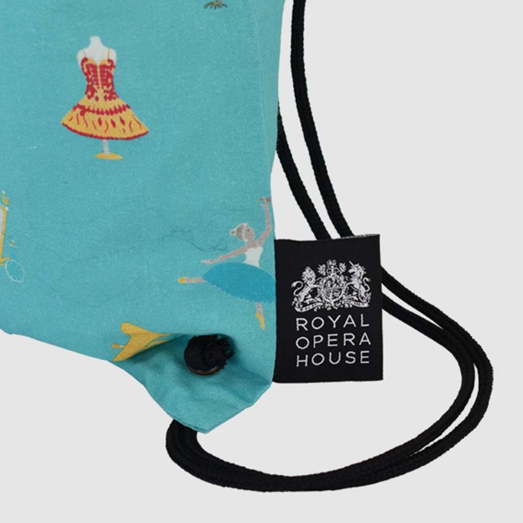 custom made bag theatre merchandise Royal Ballet draw cord bag with black and silver woven label