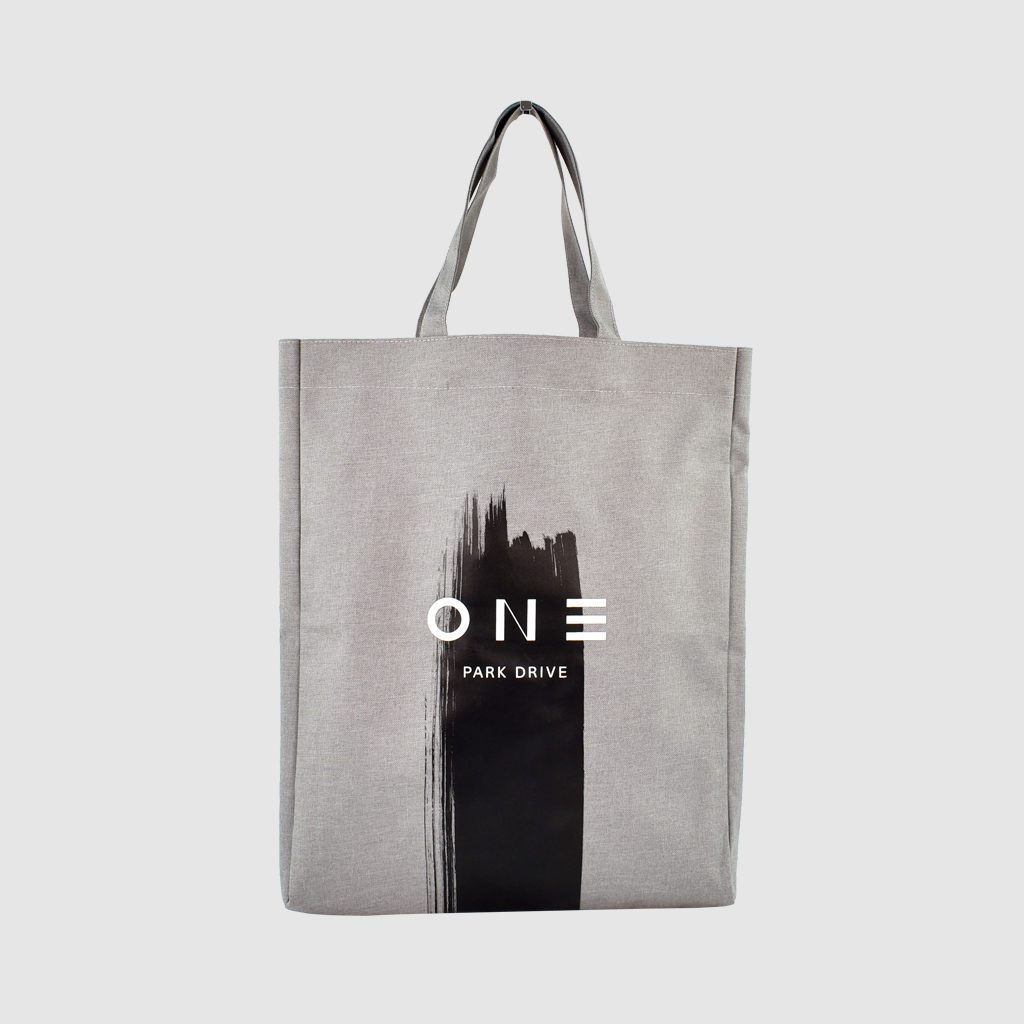 property developer gift bag in polyester with printing to the edge of the bag