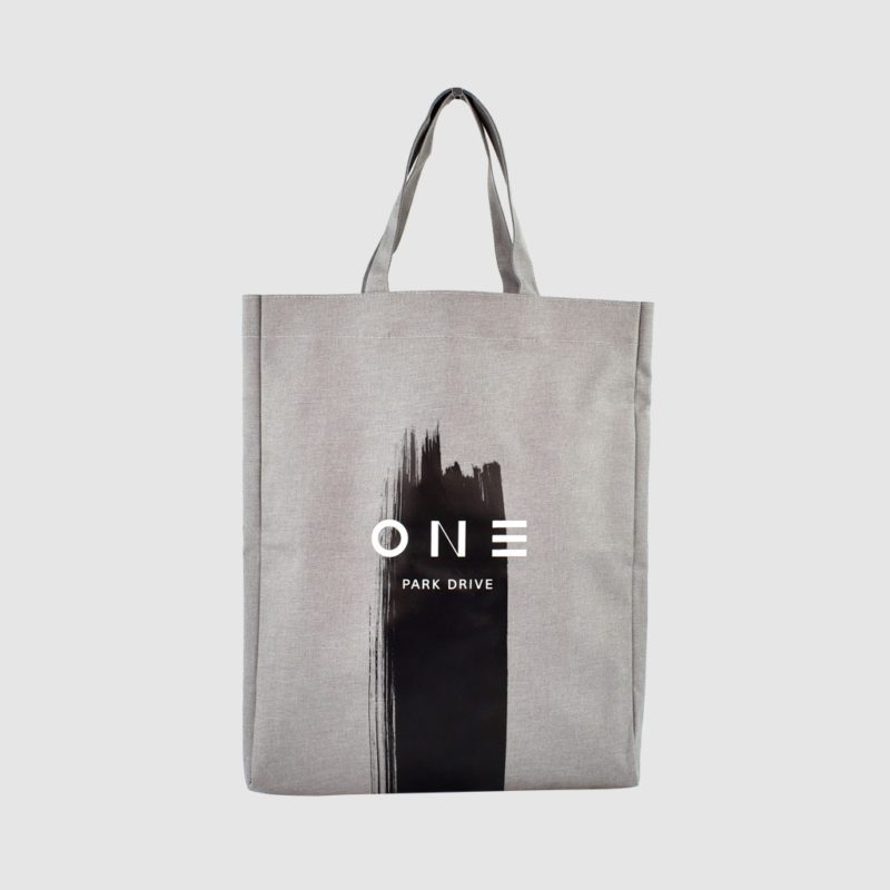property developer gift bag in polyester with printing to the edge of the bag