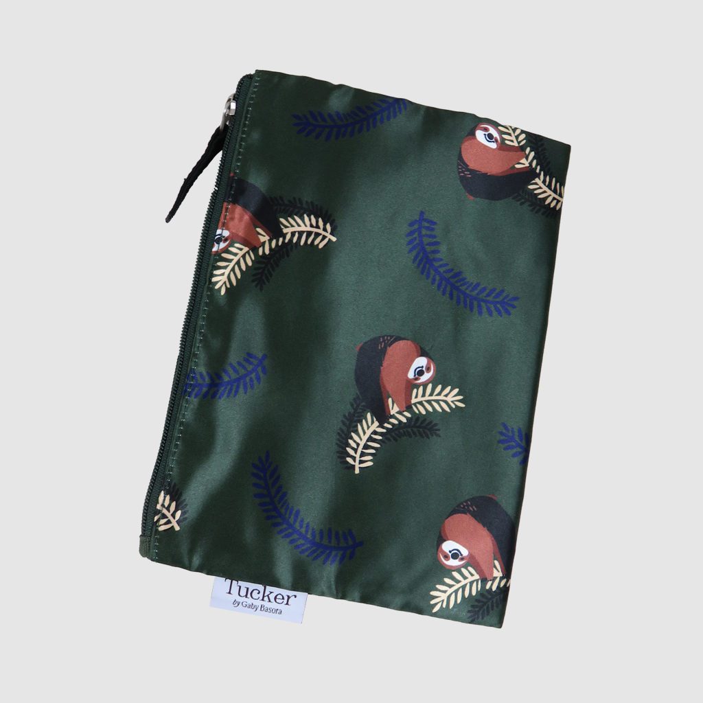 custom satin purse in green with sloth print