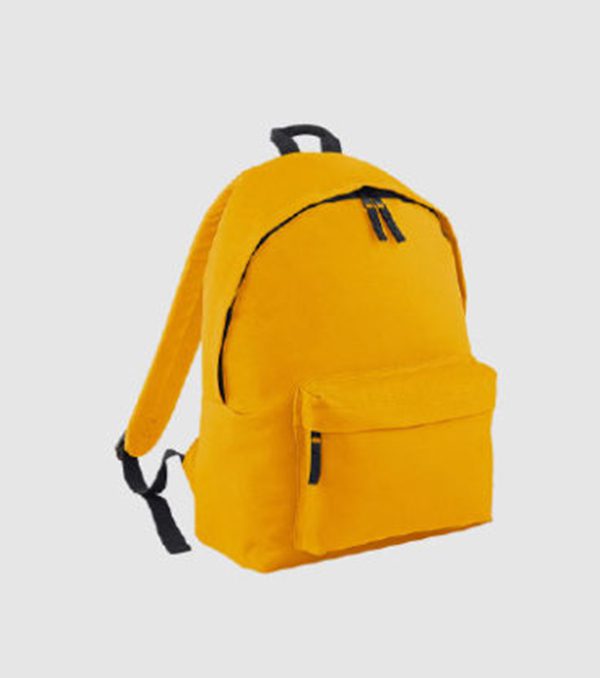 Custom yellow/black contrast polyester rucksack with comfortable handles and padded shoulder straps, 600D Polyester, customisation options available, front pocket