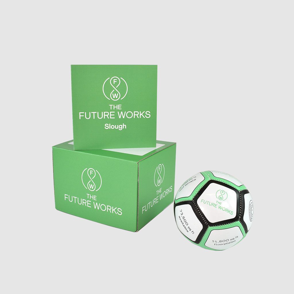 green printed box with branded football employee engagement gifts