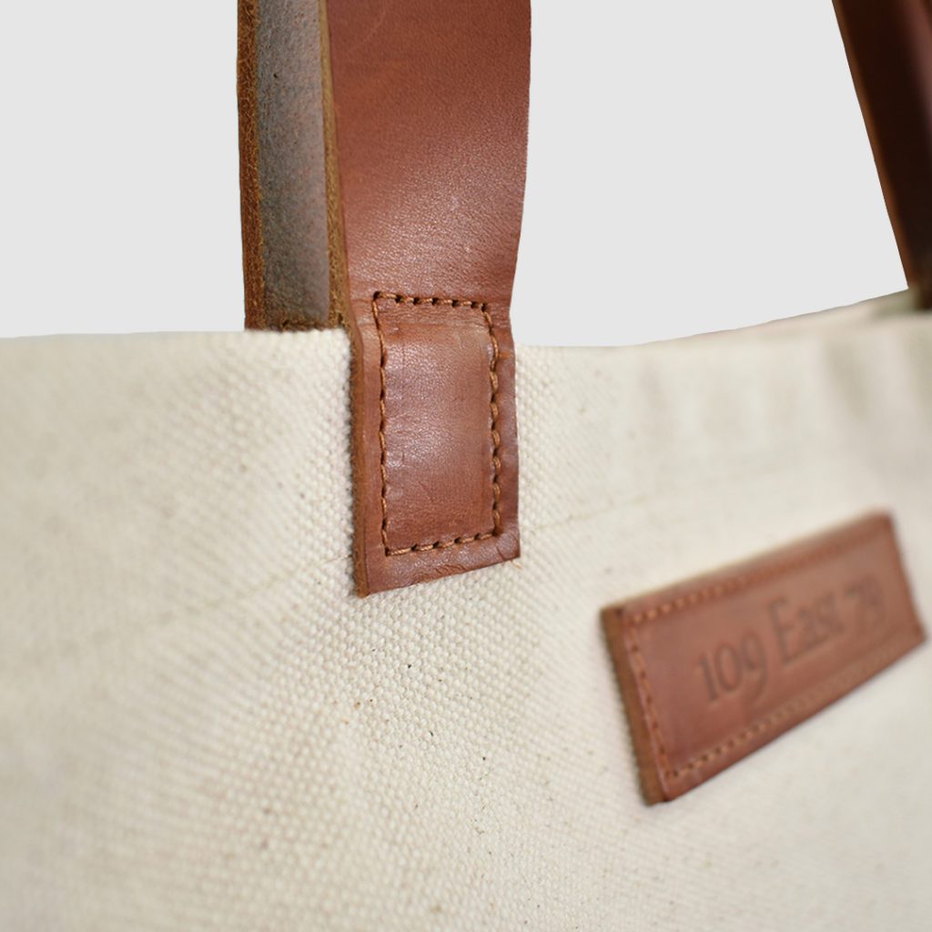 natural canvas tote bag with tan colour PU leather handles