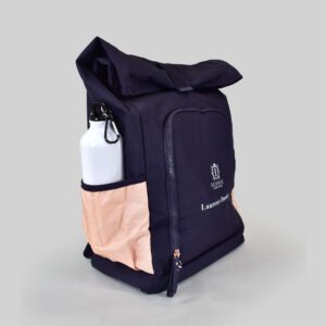 navy blue picnic bag with pink side pocket and pink adjustable buckles with thermal fabrics for bags