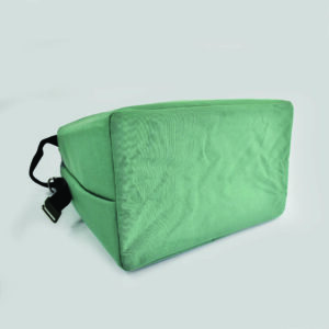 green cool bag shown on the side with rectangular base showing