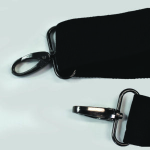 metal accessories on bag in silver with black adjustable strap