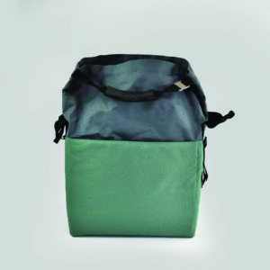 side view of cool bag with black handle and silver metal accessory closure