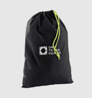 black drawcord bag with with lime green cord and white print on bag