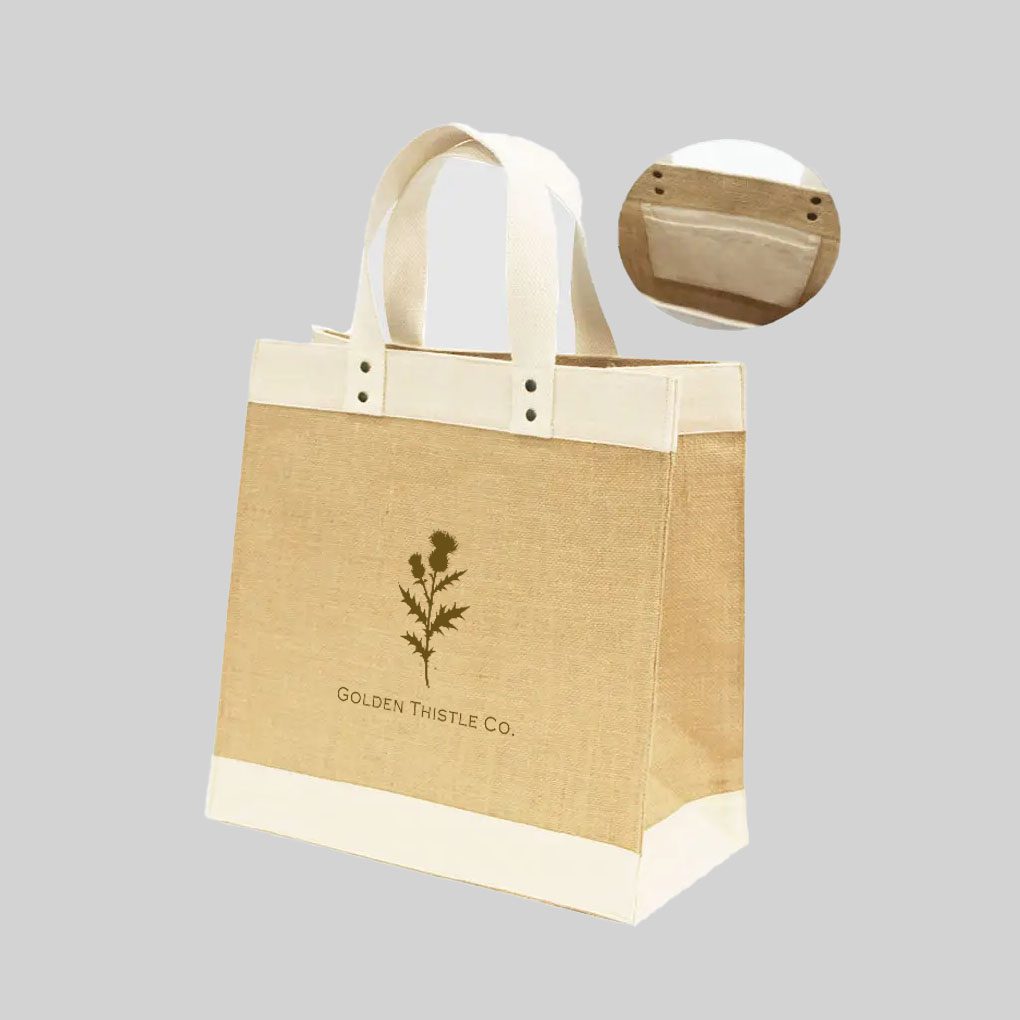 natural coloured tote bag with cream base and top hem plus natural short hand carry handles
