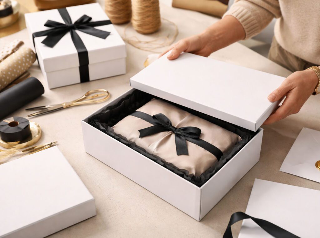 hands unboxing a gift with a black ribbon neatly tied in a bow